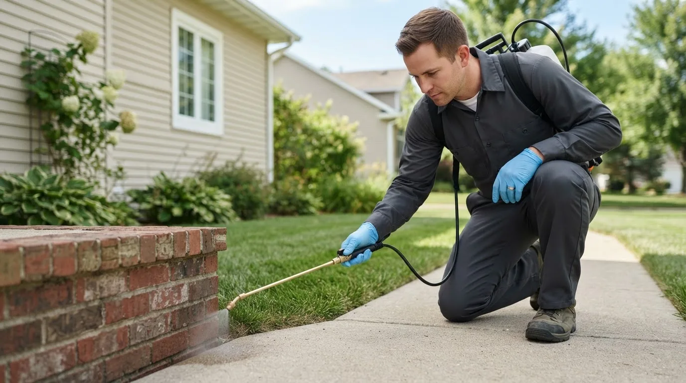 Pest control technician treating a home near Bath, SD